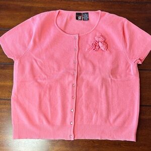 Elements g Pink Coral Short Sleeve Knit Cardigan Top Women’s XL Floral Appliqué